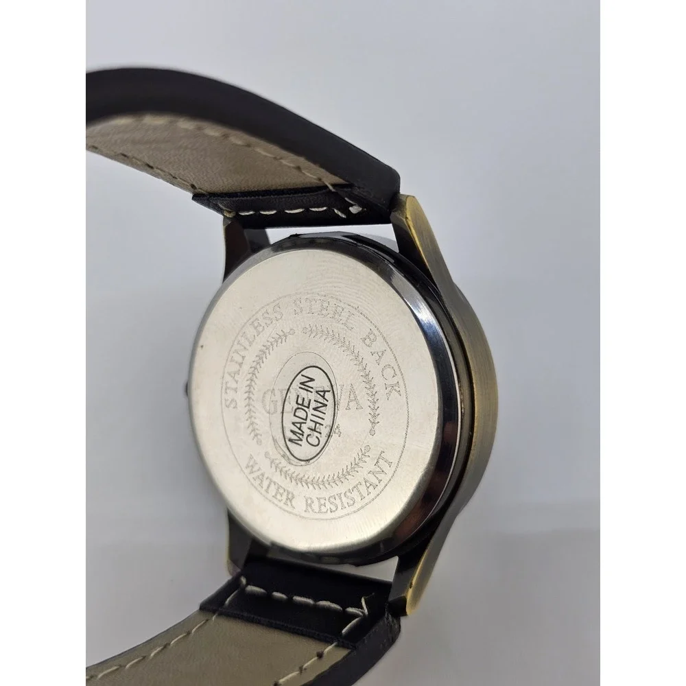 Men Analog Watch 38MM Bronze Dial New Faux Black Leather Bands New Battery READ